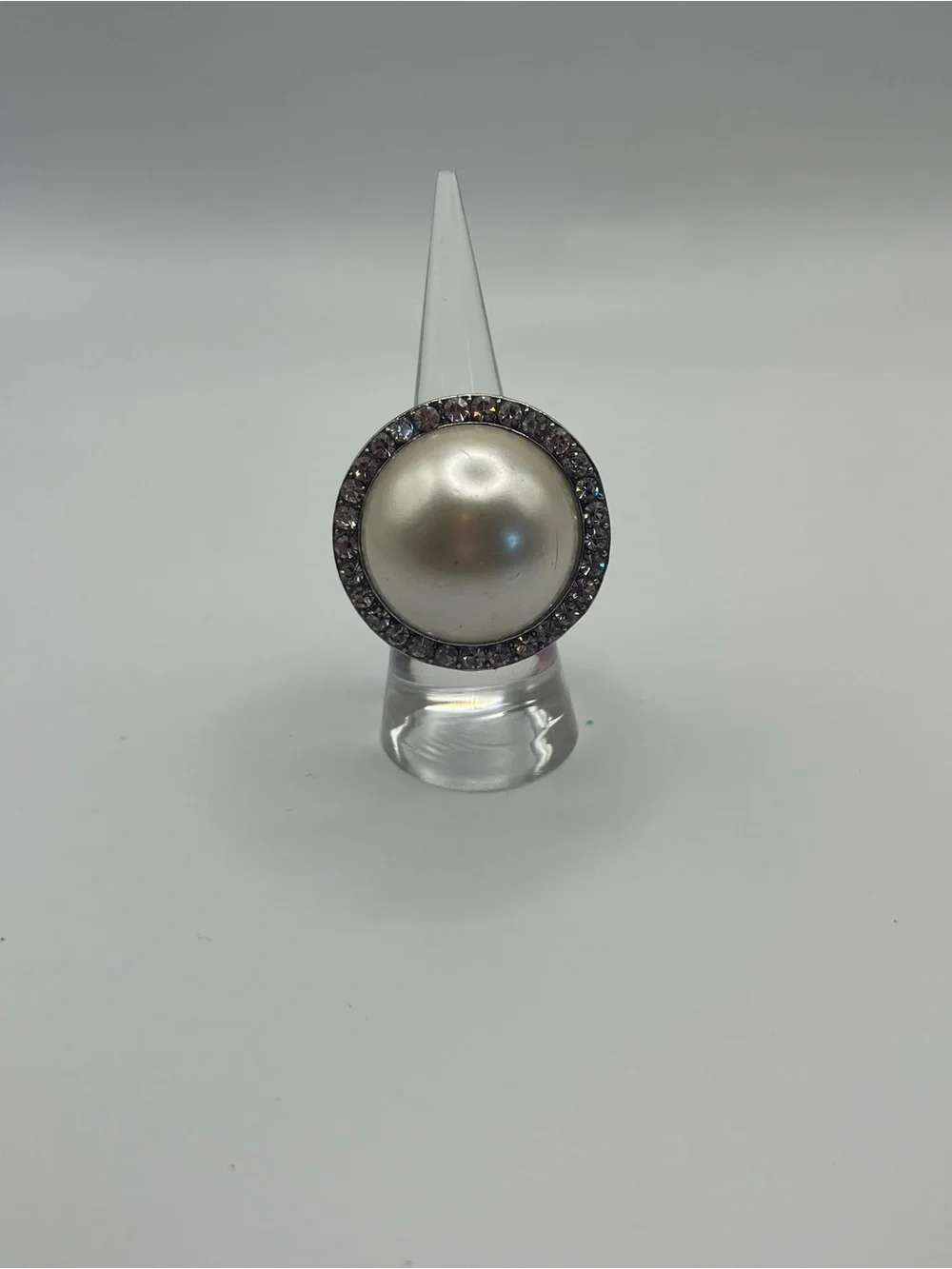 Silver Rhinestones Stretch Ring with Ivory Pearl Dome